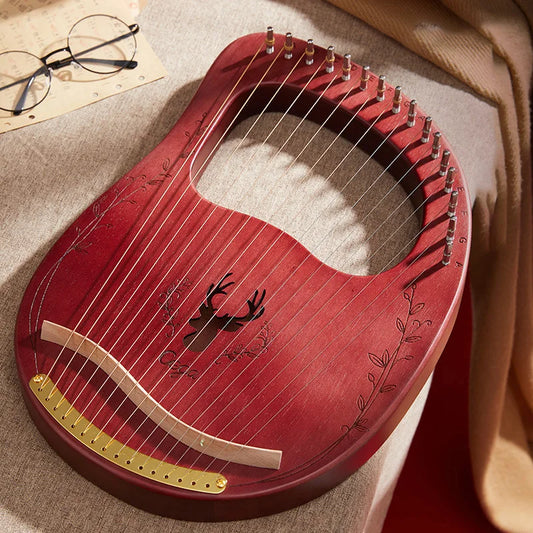 Red wooden lyre harp with black deer engraving gold tuning pegs made of mahogany wood includes tuning wrench and spare strings