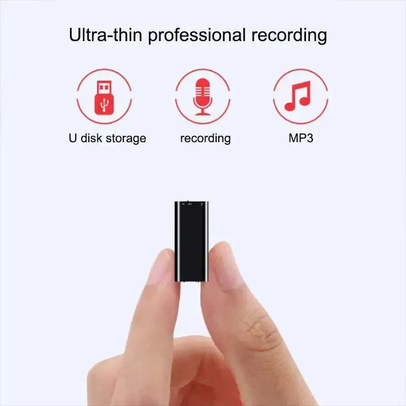 Black ultra-thin 32gb digital dictaphone held between fingers with noise reduce recorder and player recording wav features