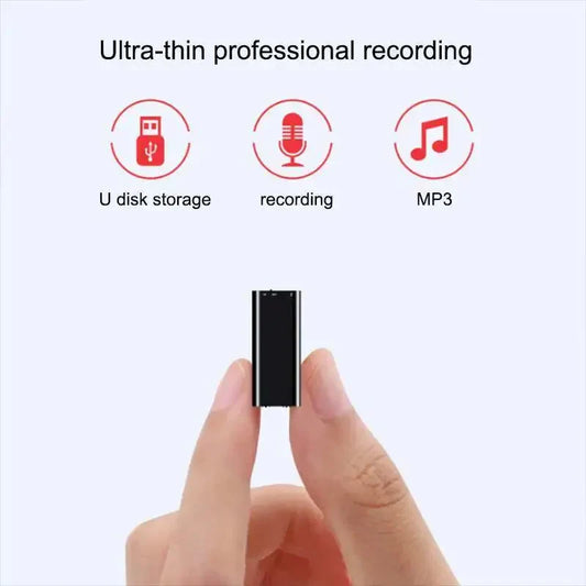 Black ultra-thin 32gb digital dictaphone held between fingers with noise reduce recorder and player recording wav features