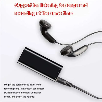 Black rectangular 32gb digital dictaphone with silver trim and noise reduce recorder connected to black in-ear headphones