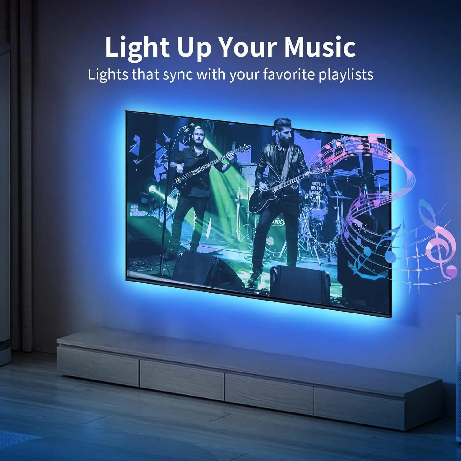Blue led tv backlight strip with music sync smart feature glowing along bottom edge of 16.5ft rgb led tv backlight