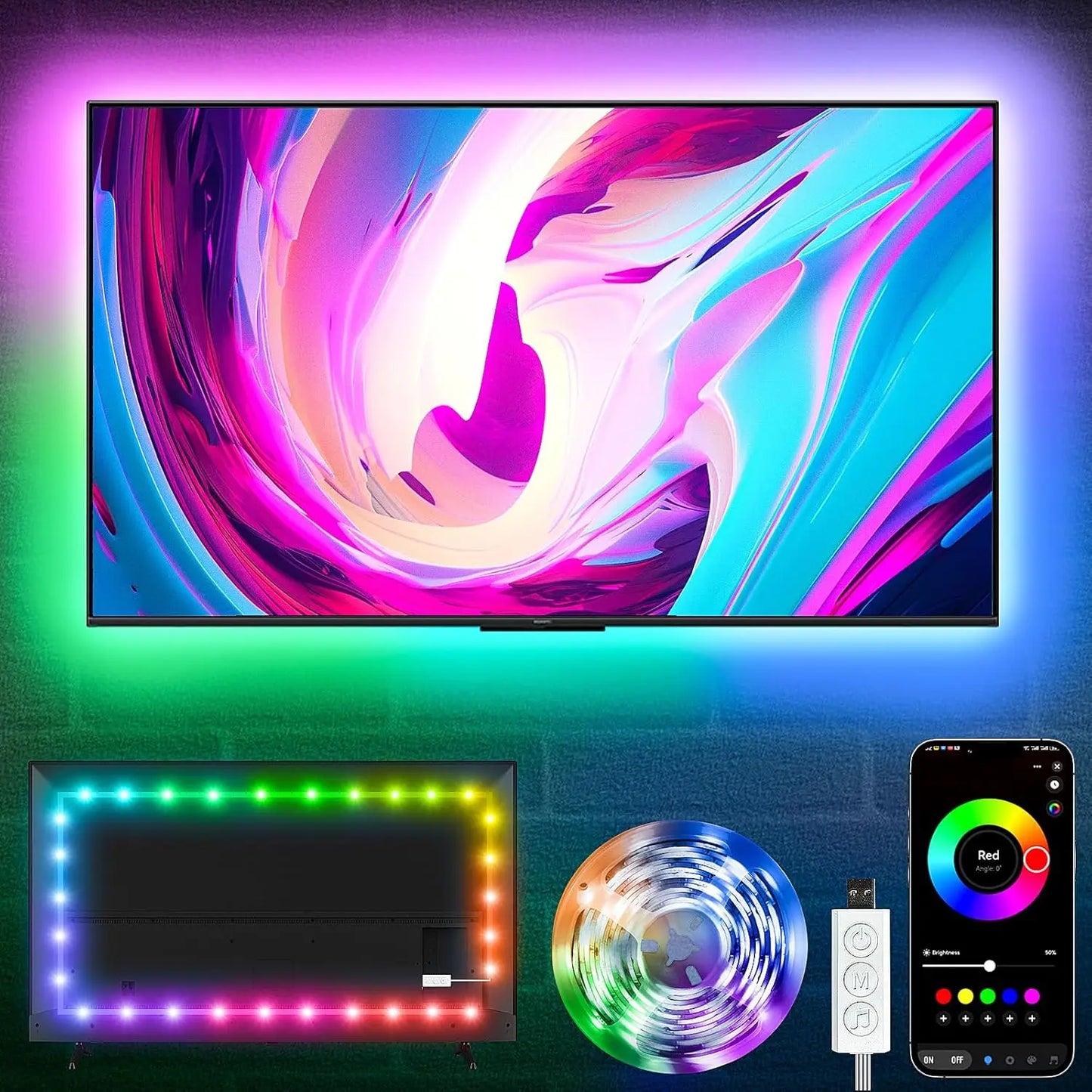 16.5ft rgb led tv backlight strip with music sync smart app and remote control for ambient lighting around screens