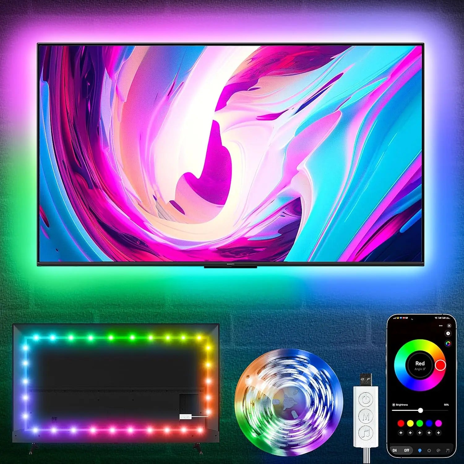 16.5ft rgb led tv backlight strip with music sync smart app and remote control for ambient lighting around screens