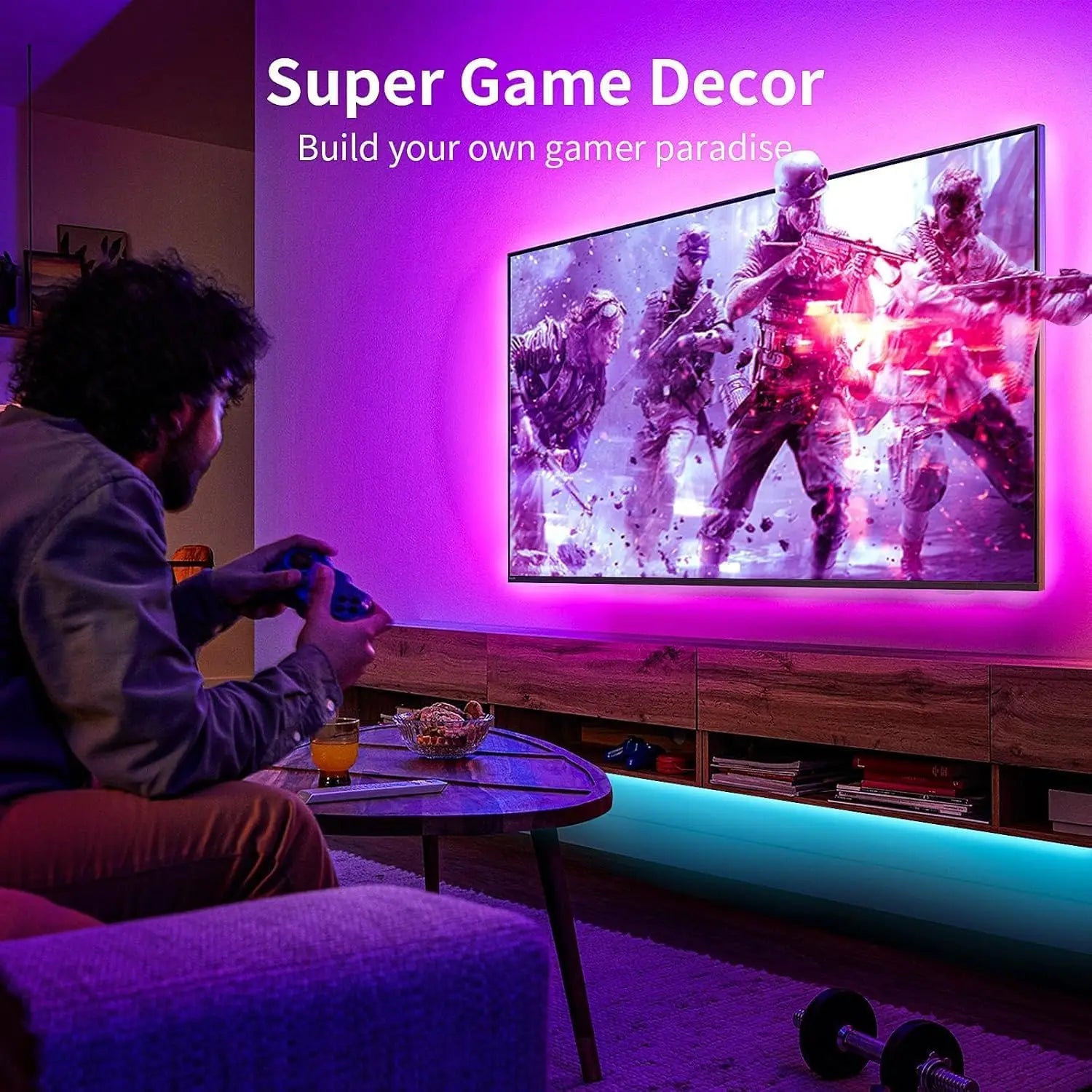 Purple led tv backlight strip with music sync smart app and remote illuminating wall above tv screen