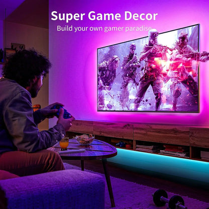Purple led tv backlight strip with music sync smart app and remote illuminating wall above tv screen