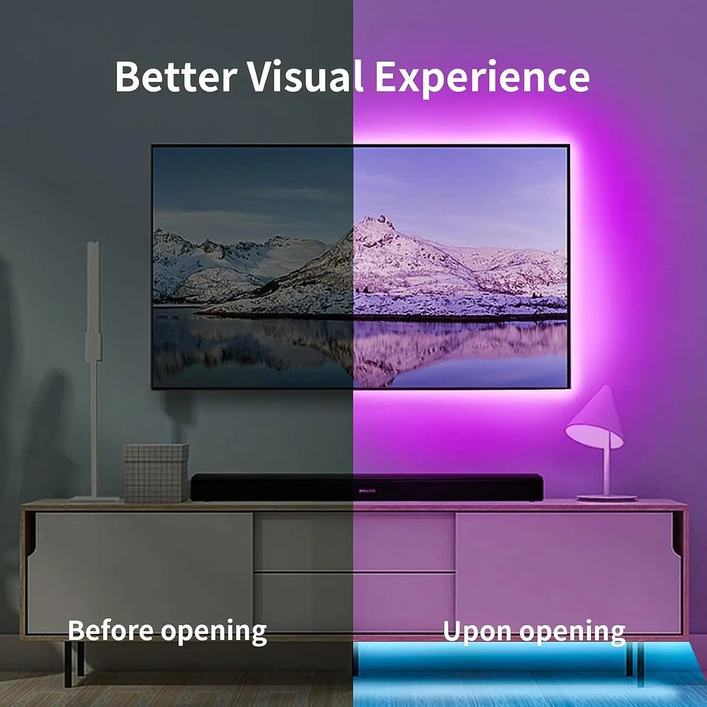 A sleek black philips soundbar displayed below a tv with a 16.5ft rgb led tv backlight strip featuring music sync smart control