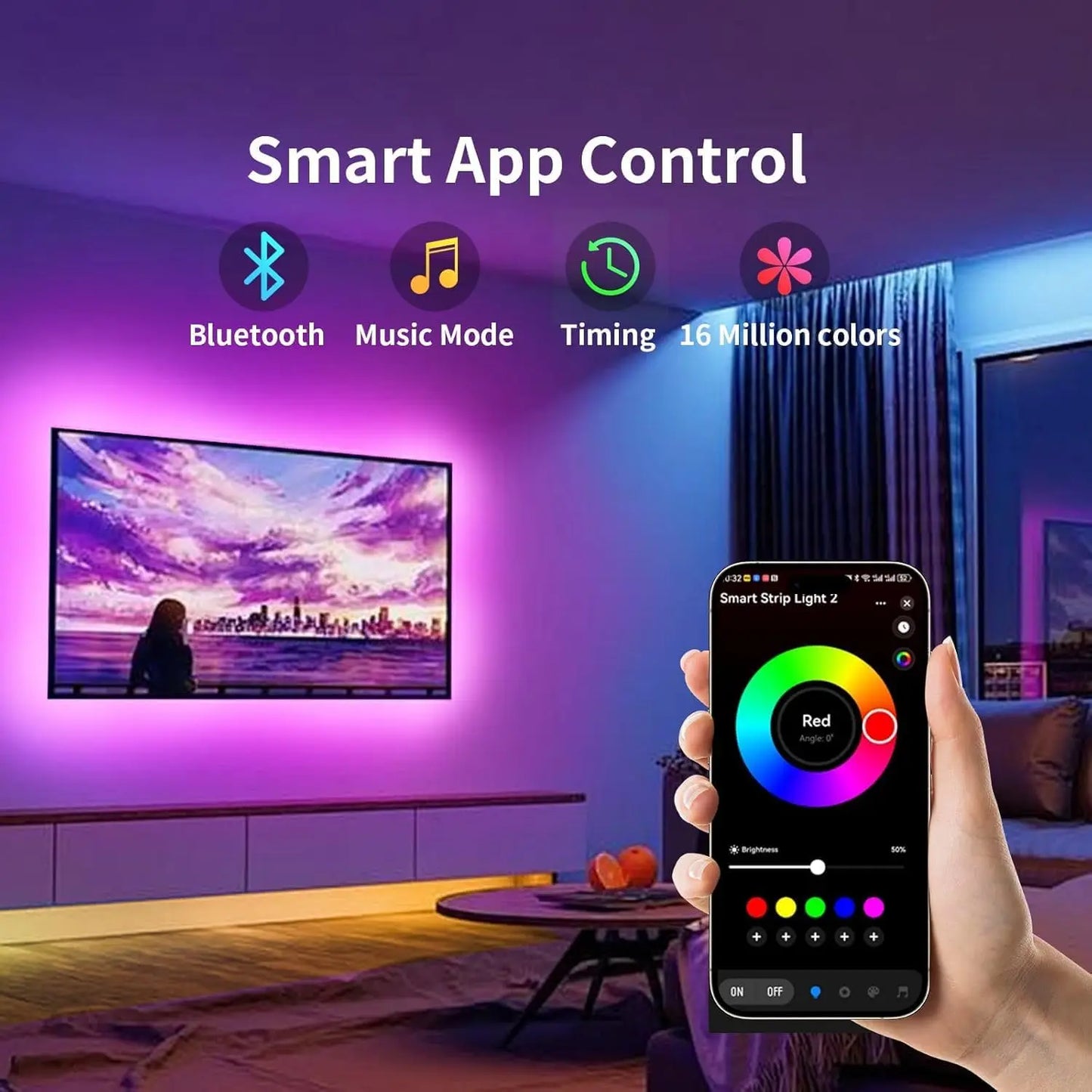 A sleek 16.5ft rgb led tv backlight strip with music sync smart control for 45-75 inch screens