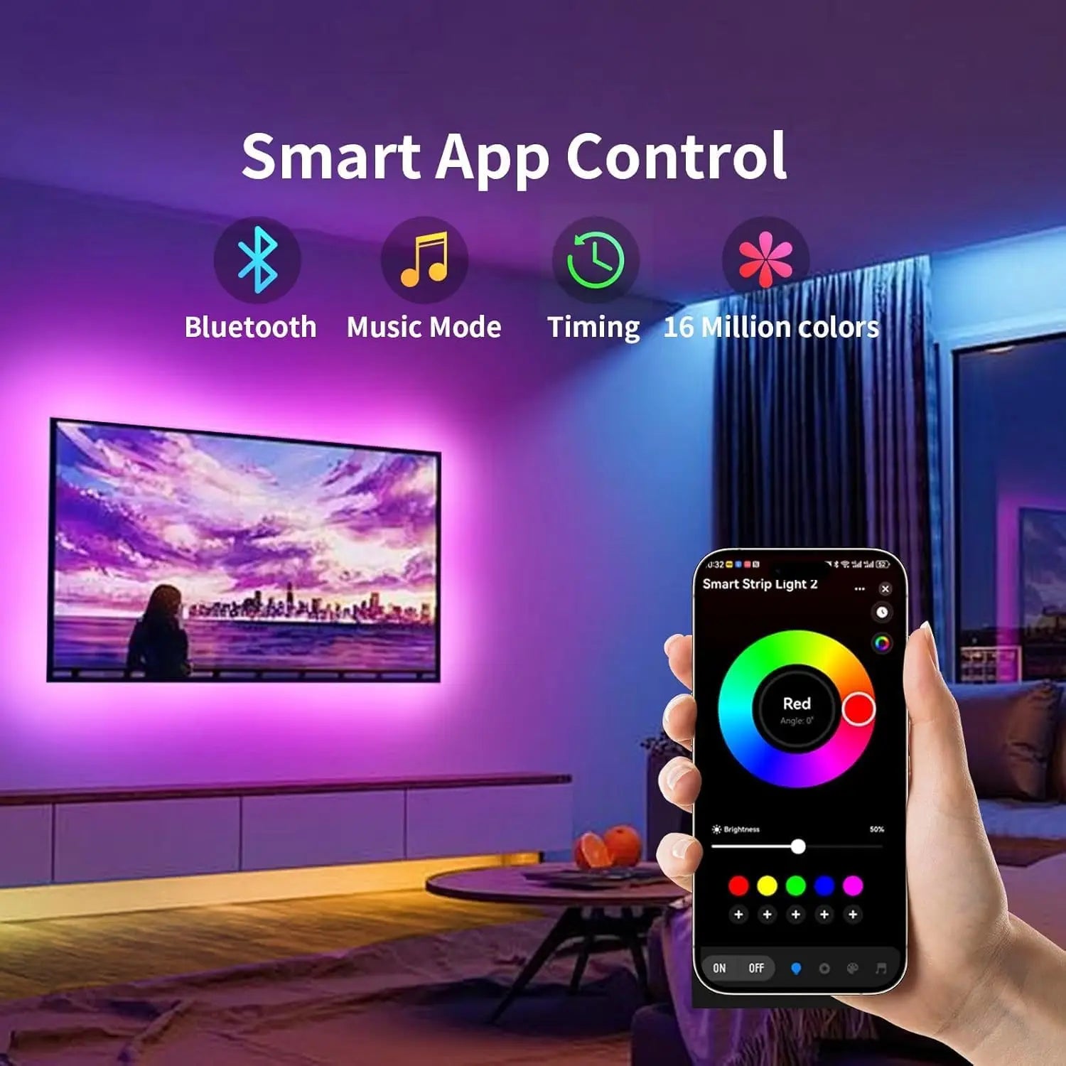 A sleek 16.5ft rgb led tv backlight strip with music sync smart control for 45-75 inch screens