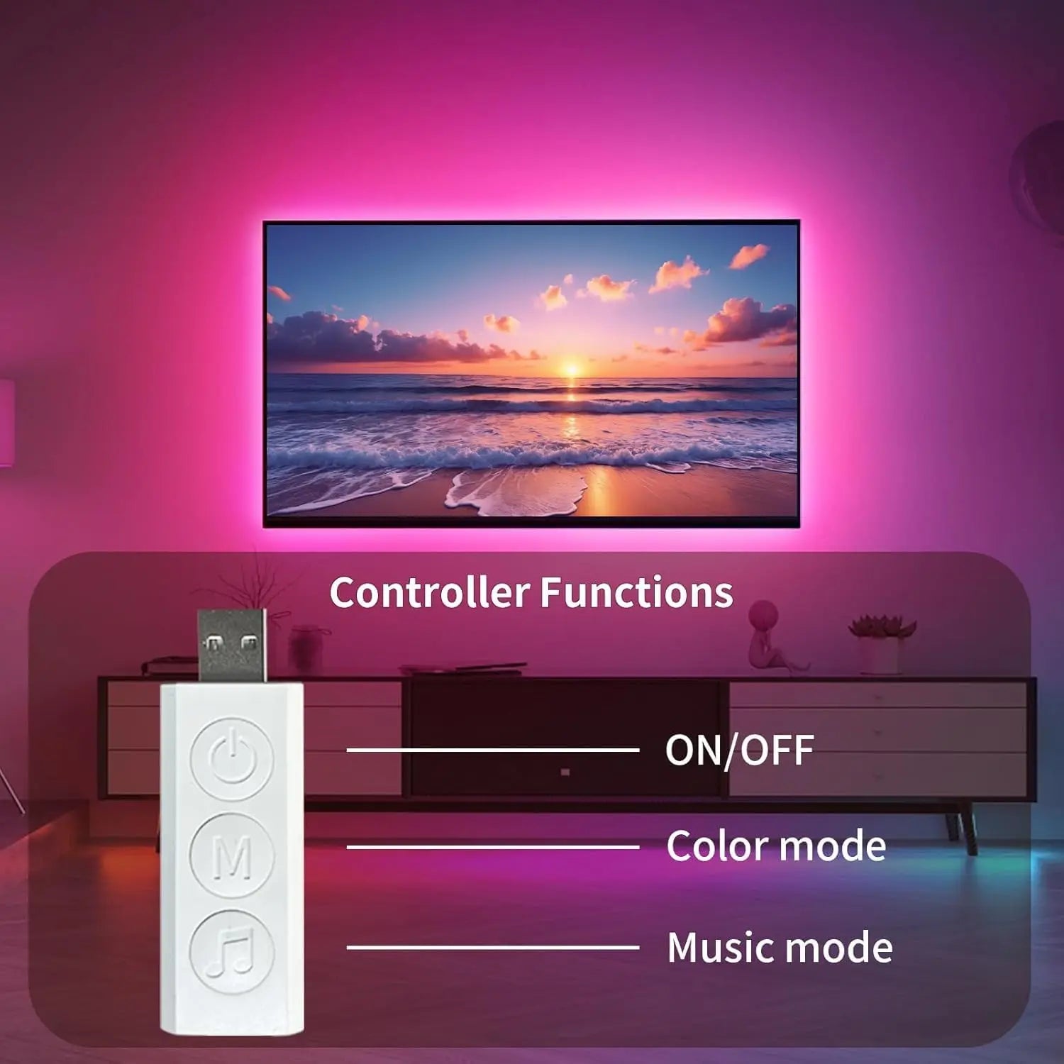 White rectangular usb controller with on/off color and music mode buttons for 16.5ft rgb led tv backlight with music sync smart