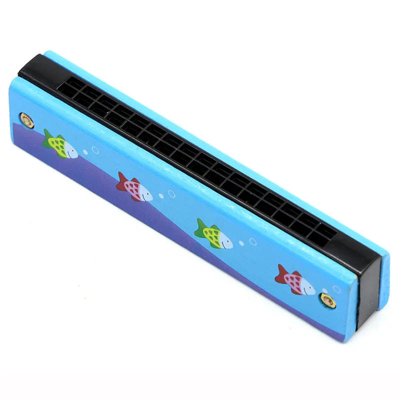 Blue plastic 16-hole wooden harmonica with colorful harmonica cartoon animals and black reed plates for kids early educational play