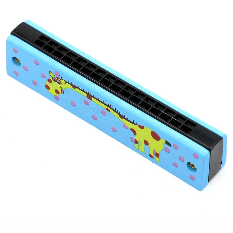 Light blue 16-hole wooden harmonica with yellow giraffe design and pink polka dots for kids early educational play