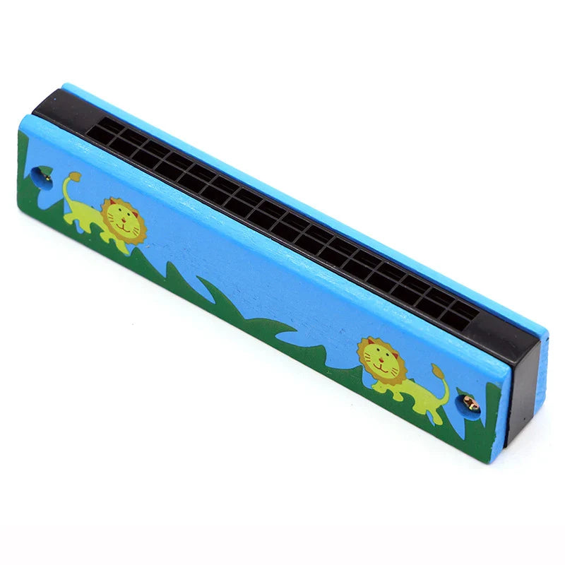 Blue 16-hole wooden harmonica with harmonica cartoon animals and green grass for kids early educational play gifts