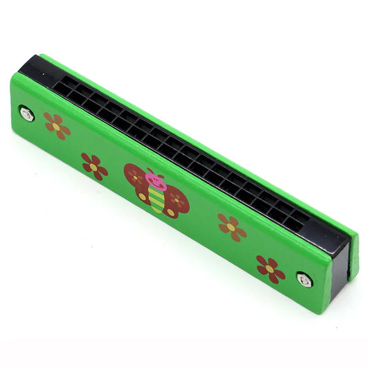 Green plastic 16-hole wooden harmonica with harmonica cartoon animals for kids early educational play and gifts