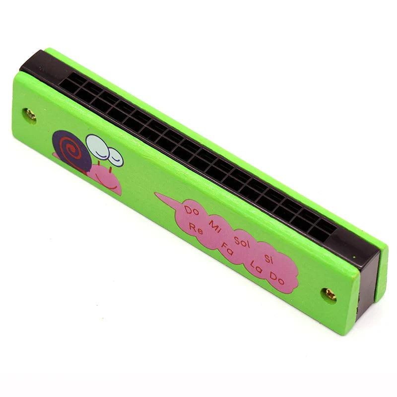 Bright green 16-hole wooden harmonica with harmonica cartoon animals decals for kids early educational play gift