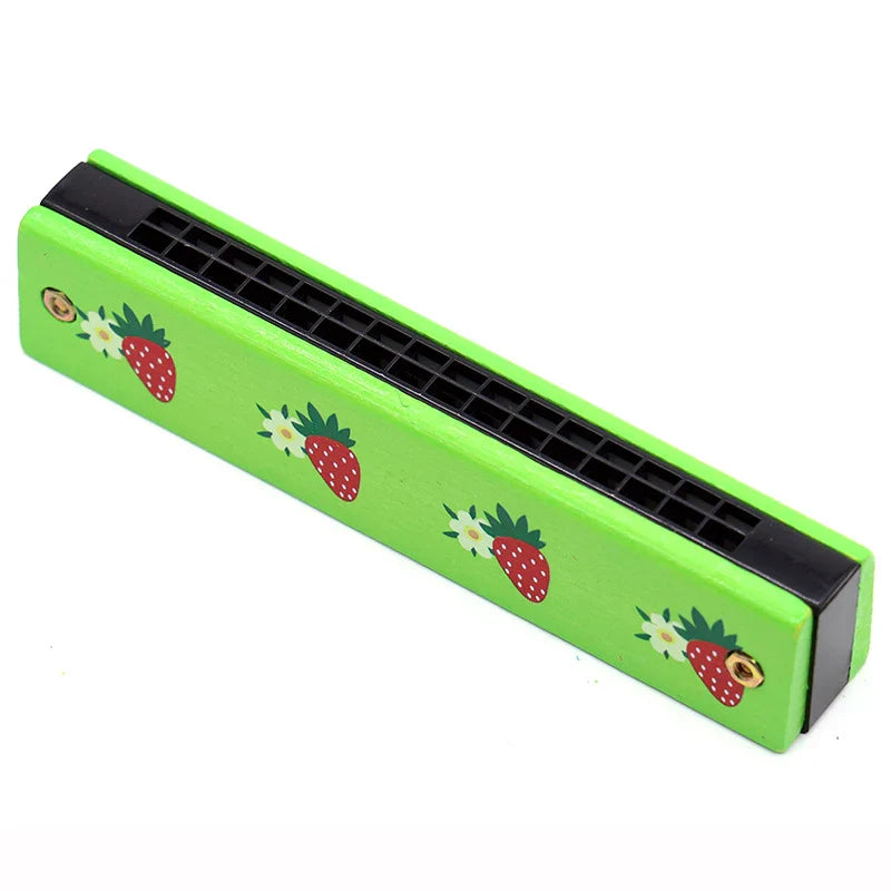 Green plastic 16-hole wooden harmonica with red strawberry and white flower decals kids early educational toy