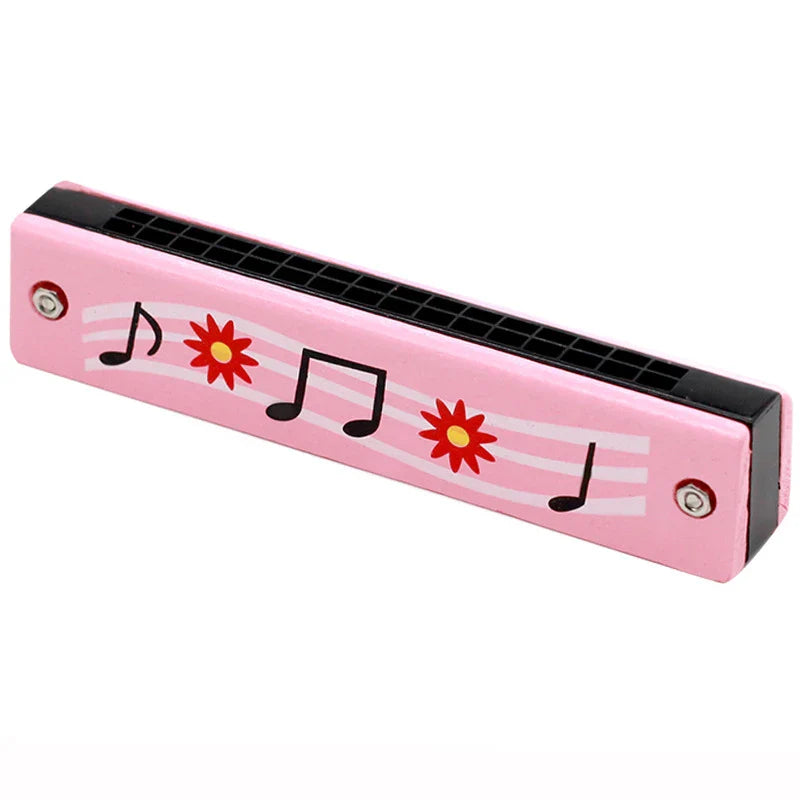 Pink 16-hole wooden harmonica with red and yellow floral designs and harmonica cartoon animals for kids early educational play