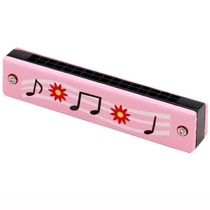 Pink 16-hole wooden harmonica with red and yellow floral designs and harmonica cartoon animals for kids early educational play
