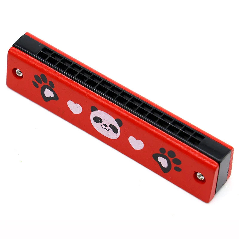 Red 16-hole wooden harmonica with black paw prints and panda face design for kids early educational play