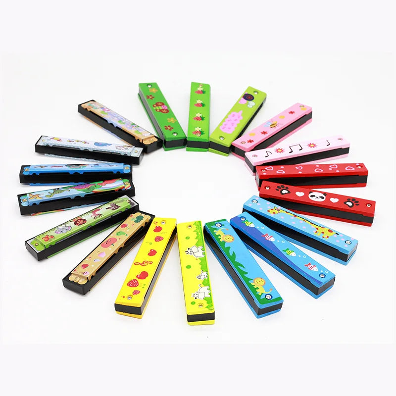 Colorful 16-hole wooden harmonica with cartoon animals design and black ends for kids early educational play