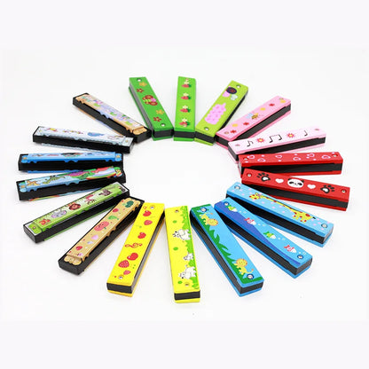 Colorful 16-hole wooden harmonica with cartoon animals design and black ends for kids early educational play
