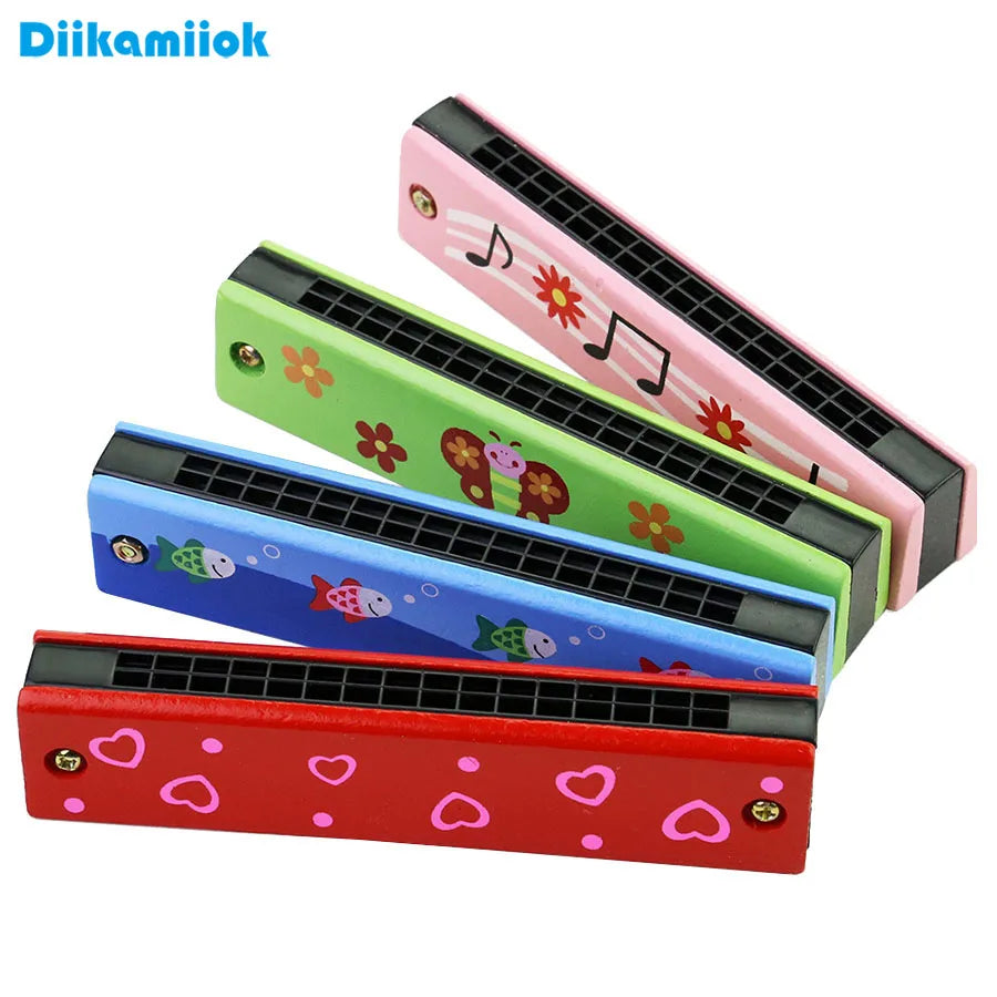 Colorful 16-hole wooden harmonica featuring cartoon animals with floral and fish designs for kids early educational play
