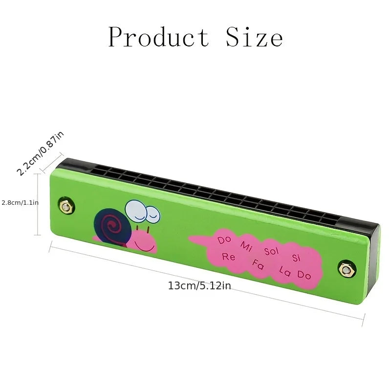 Green 16-hole wooden harmonica with harmonica cartoon animals snail design and pink musical notes for kids early educational play