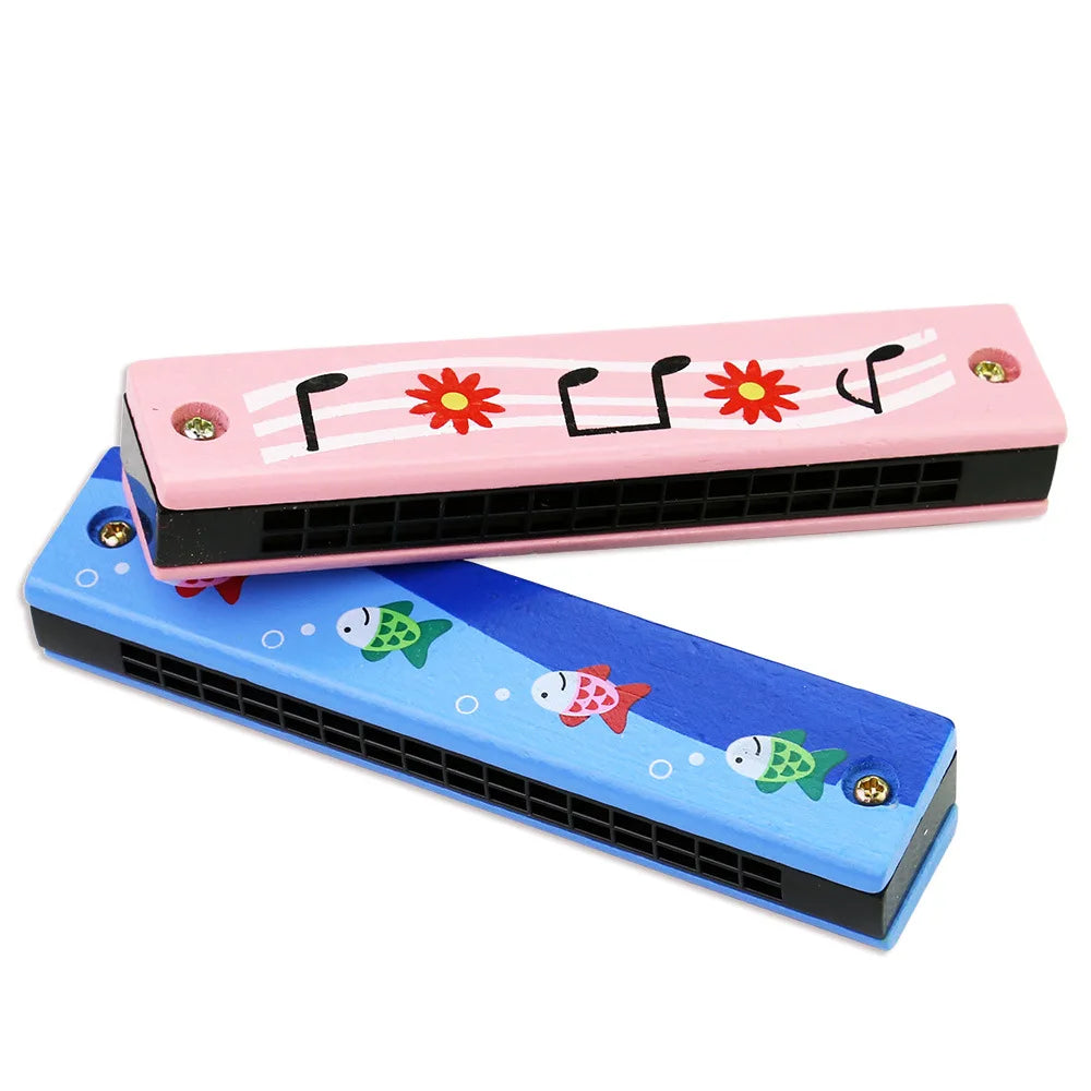 Pink and blue 16-hole wooden harmonica cartoon animals with colorful floral and fish designs for kids early educational play