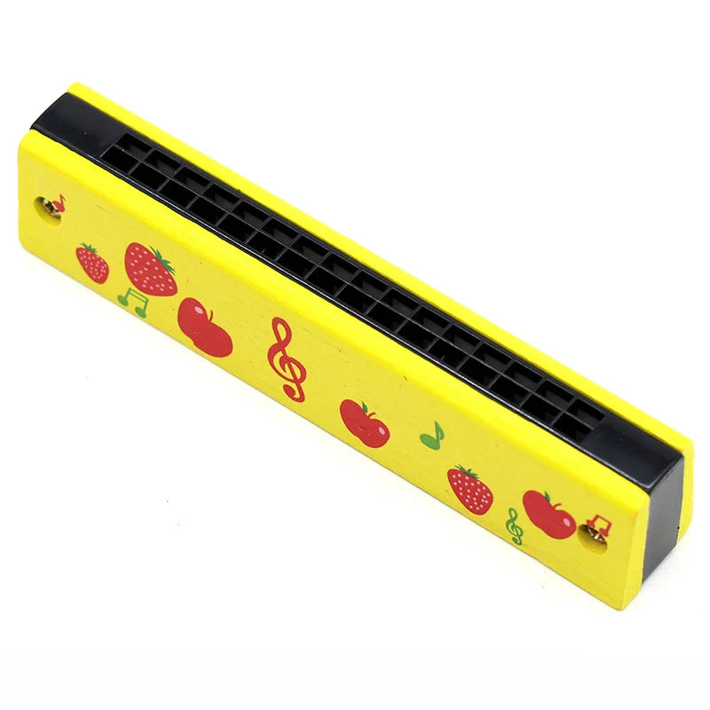 Bright yellow 16-hole wooden harmonica with red strawberry and apple decals featuring harmonica cartoon animals for kids early educational play