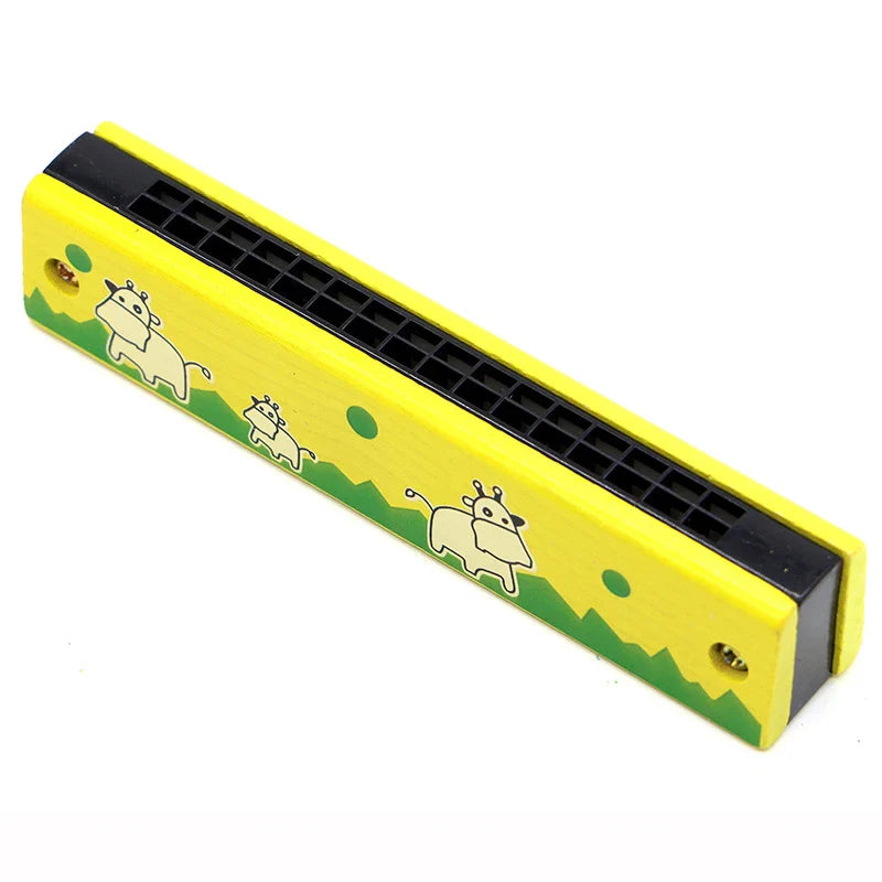 Bright yellow 16-hole wooden harmonica with black reed plate and harmonica cartoon animals for kids early educational play