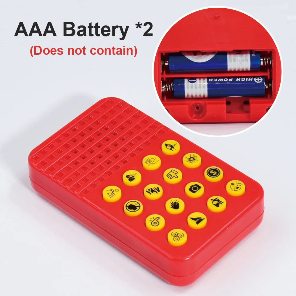 Red plastic 16-key prank music box with yellow buttons and black icons for adults prank sound effect toy halloween use