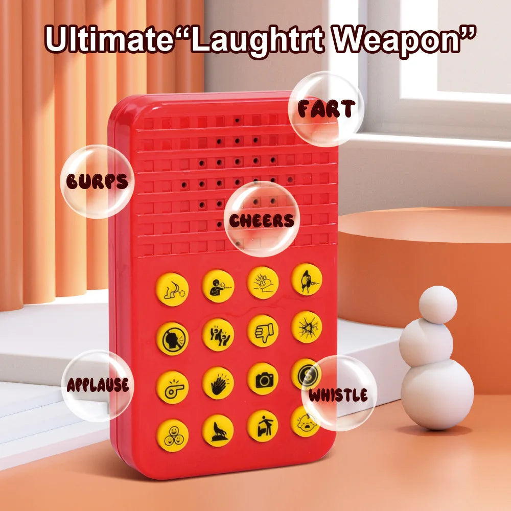 Red plastic 16-key prank music box with yellow labeled sound effect buttons for adults prank sound effect toy halloween use
