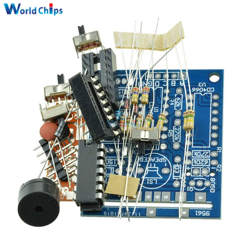 Blue 16-tone box electronic module diy kit with resistors capacitors switches and a black speaker for diy parts assembly