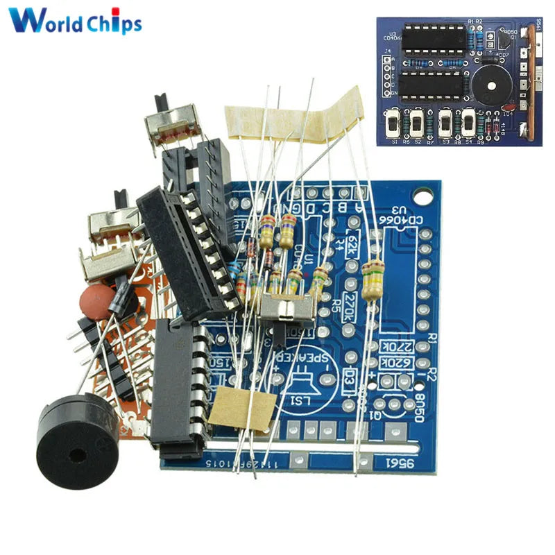 Blue 16-tone box electronic module diy kit with resistors capacitors integrated circuits and black speaker board components