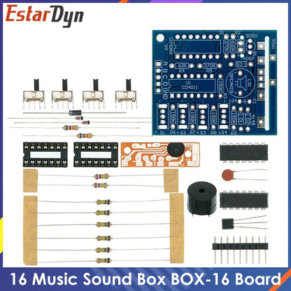 Blue music sound box electronic module diy board with integrated circuits resistors capacitors for soldering practice learning