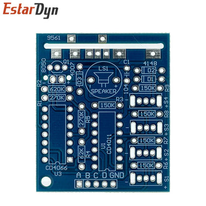 Blue printed circuit board of 16 music sound box electronic module diy kit with labeled components for soldering practice learning