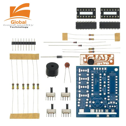 Blue printed circuit board of 16 music sound box electronic module diy with labeled components for soldering practice learning