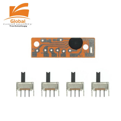 Orange circuit board music sound box with black circular component and four silver toggle switches for soldering practice learning