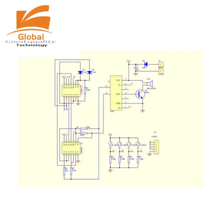 Yellow schematic diagram of 16 music sound box electronic module diy kit showing labeled components for soldering practice learning