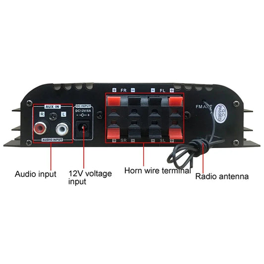 Back side of a black 1600w max power mini hifi digital stereo amp with red terminal blocks labeled for input voltage and ohm speakers output power ports