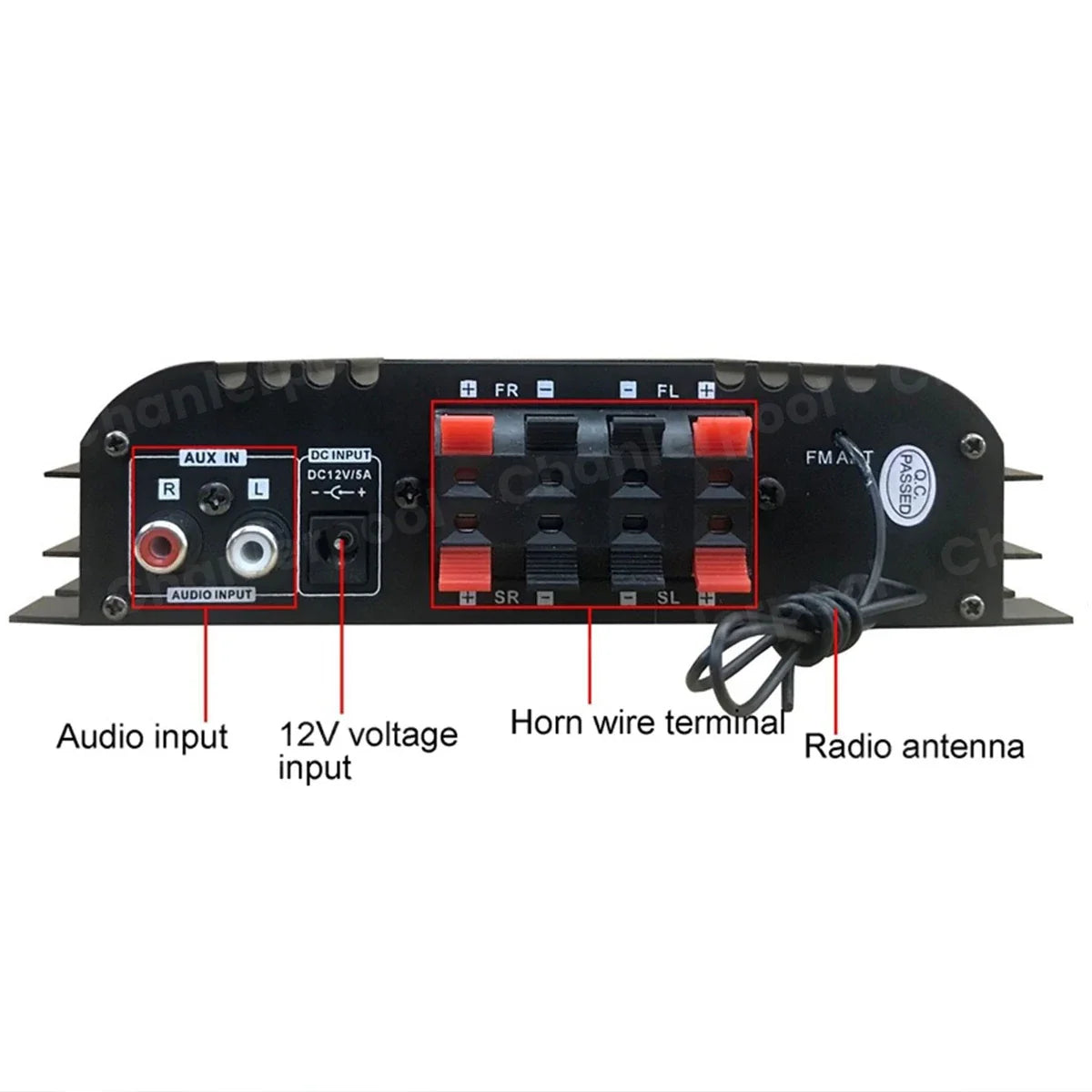Black 1600w peak power digital 4 channel audio amplifier back side with red terminal blocks and labeled input voltage ports
