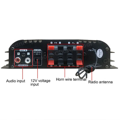 Black 1600w peak power digital 4 channel audio amplifier back side with red terminal blocks and labeled input voltage ports