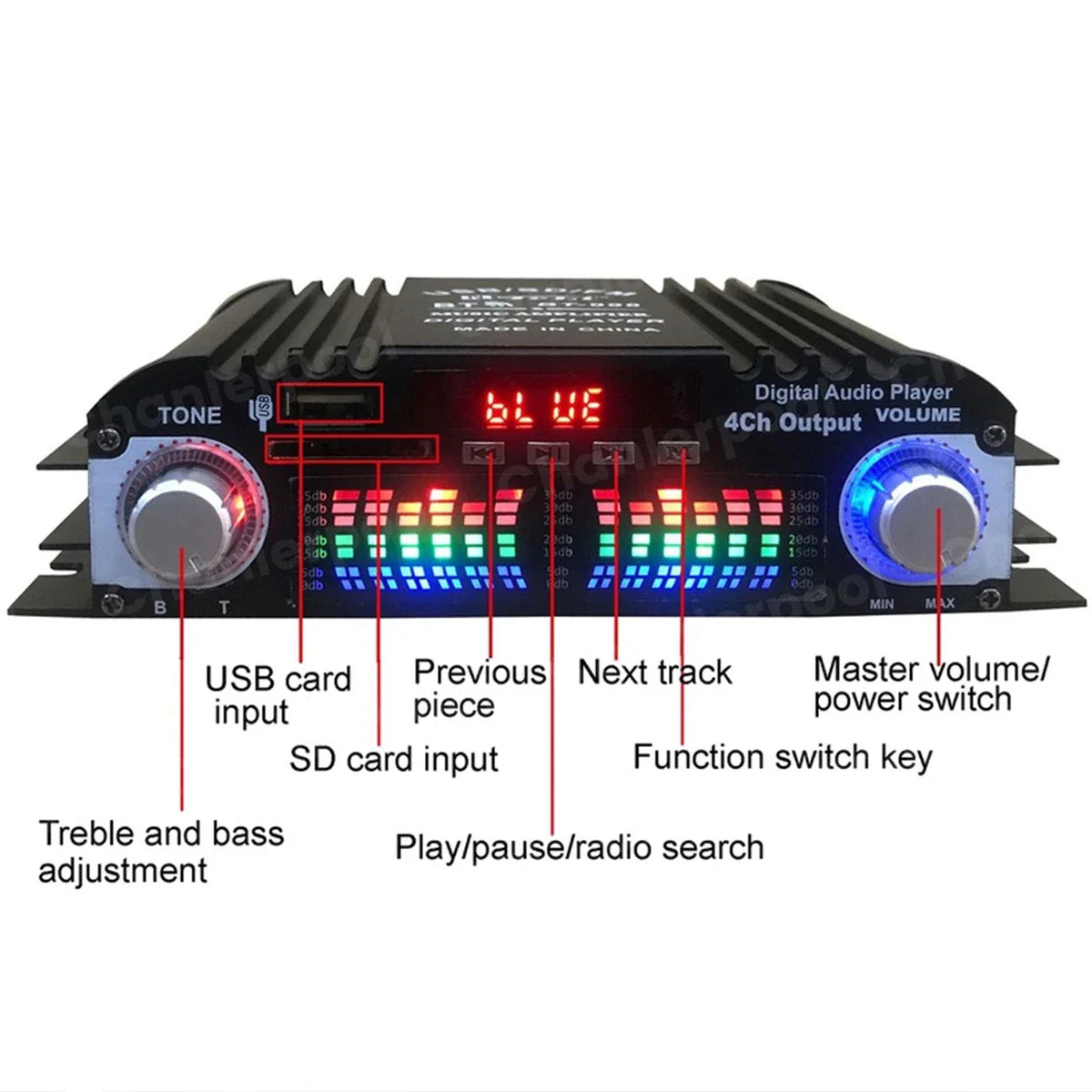 Black digital audio player with colorful led equalizer display multiple input output controls for ohm speakers output power and input voltage management
