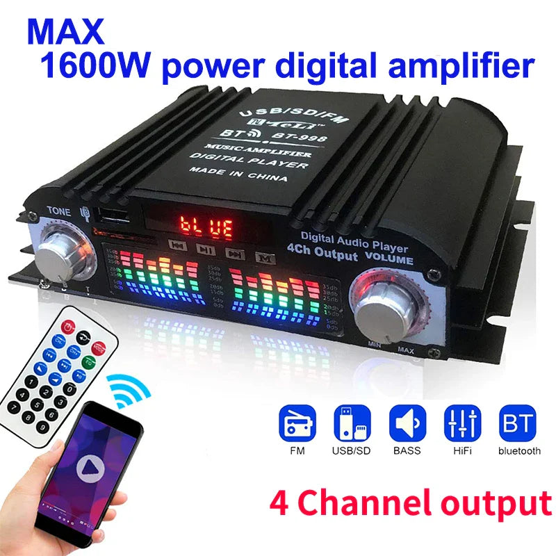 Black 1600w peak power digital 4 channel audio amplifier with silver knobs colorful led display and optimized output power for ohm speakers
