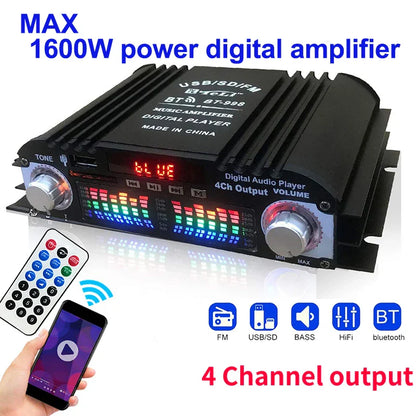 Black 1600w peak power digital 4 channel audio amplifier with silver knobs colorful led display and optimized output power for ohm speakers