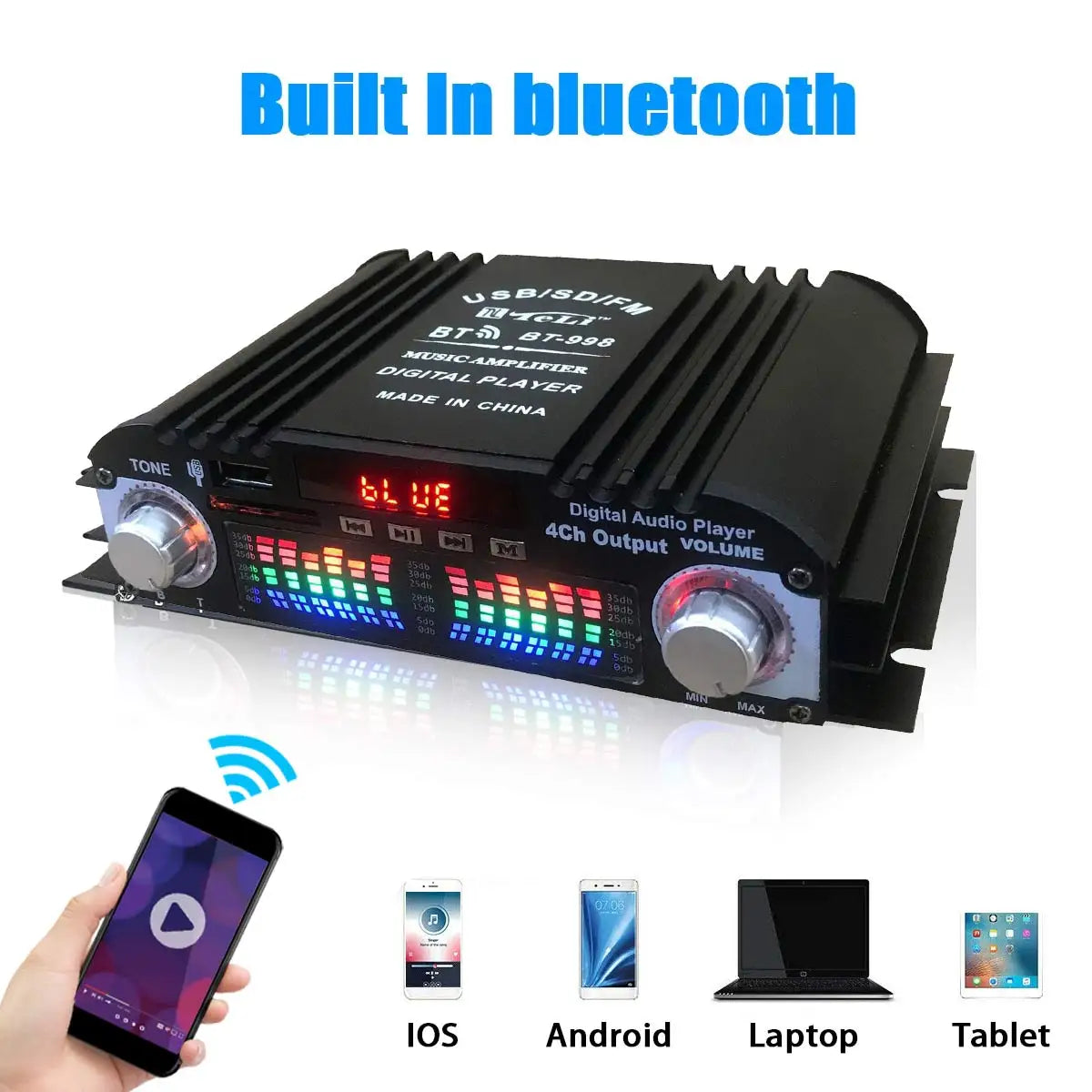 Black digital 4 channel audio amplifier with bluetooth, silver knobs, led level indicators, 1600w peak output power