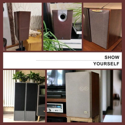 Brown wooden-finish floor-standing speakers with textured fabric grilles and silver accents covered by 160x200cm speaker mesh cloth dustproof cover