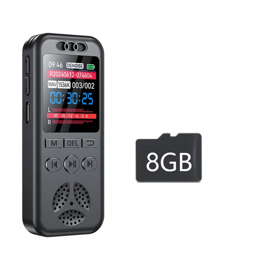 Black 16gb digital voice recorder with recording noise reduction and small screen displaying recording time and audio levels
