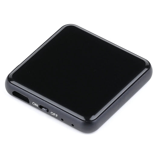 Black rectangular digital voice recorder with glossy finish and rounded edges features 14hrs continuous recording capability