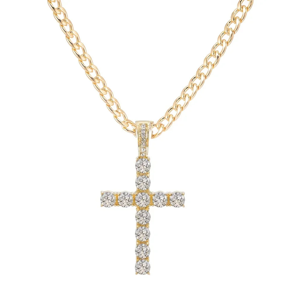 Gold-toned cross pendant necklace with diamond-encrusted design and shiny trendy stylish 16mm hip hop Miami Cuban link chain