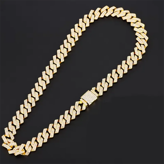 Gold-colored 16mm hip hop Miami Cuban link chain set with heavily diamond-encrusted necklace and matching clasp